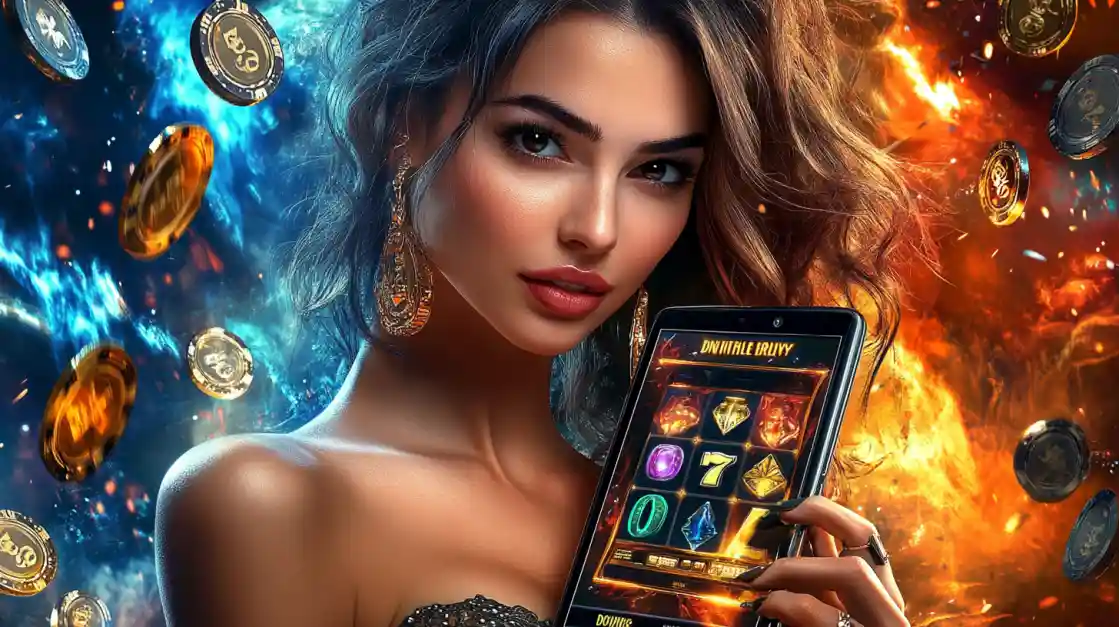 A woman in a sparkling green dress holds a smartphone showcasing the BD222 casino app interface, surrounded by a lucky green glow, playing cards, and chips.