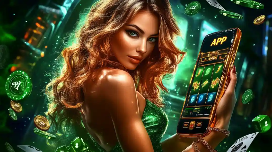 A stylish woman holds a phone displaying the BD222 777 slots game in front of a massive, glittering gold LOGIN sign, with golden dice adding to the scene.