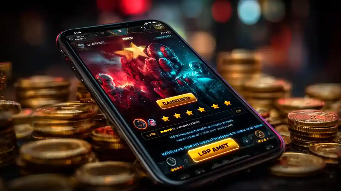 A woman holds a phone with the BD222 mobile casino login screen visible, ready to play a 777 slot machine game, with purple dice and coins in the background.