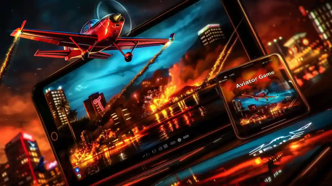 The BD222 Aviator Game is displayed on a tablet and smartphone, with a red plane flying over a city skyline, showcasing its cross-platform availability for all players