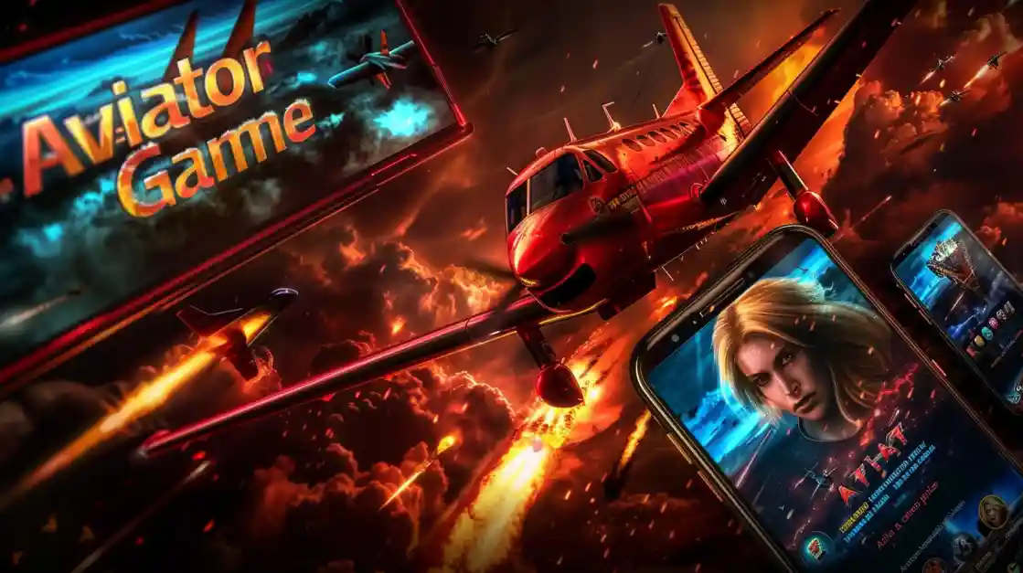 A dramatic promotion for the Aviator Game on BD222, showing a red airplane flying through an explosive sky, with the game's interface visible on mobile phones