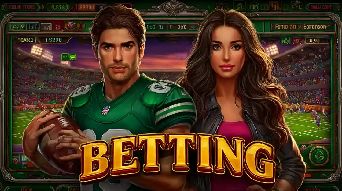 An American football player and a woman are featured in a promotion for the BD222 sports betting platform, set against a stadium backdrop for an authentic experience.