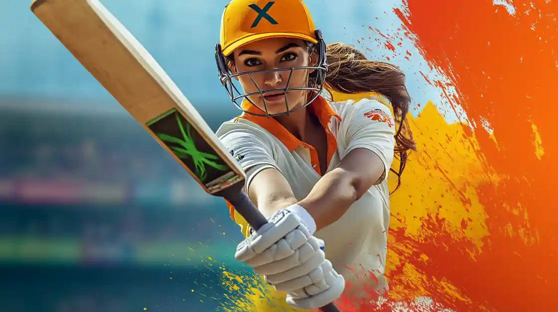 A focused female cricket batter in full gear is ready to strike the ball, representing the thrilling live cricket betting opportunities available on the BD222 exchange.