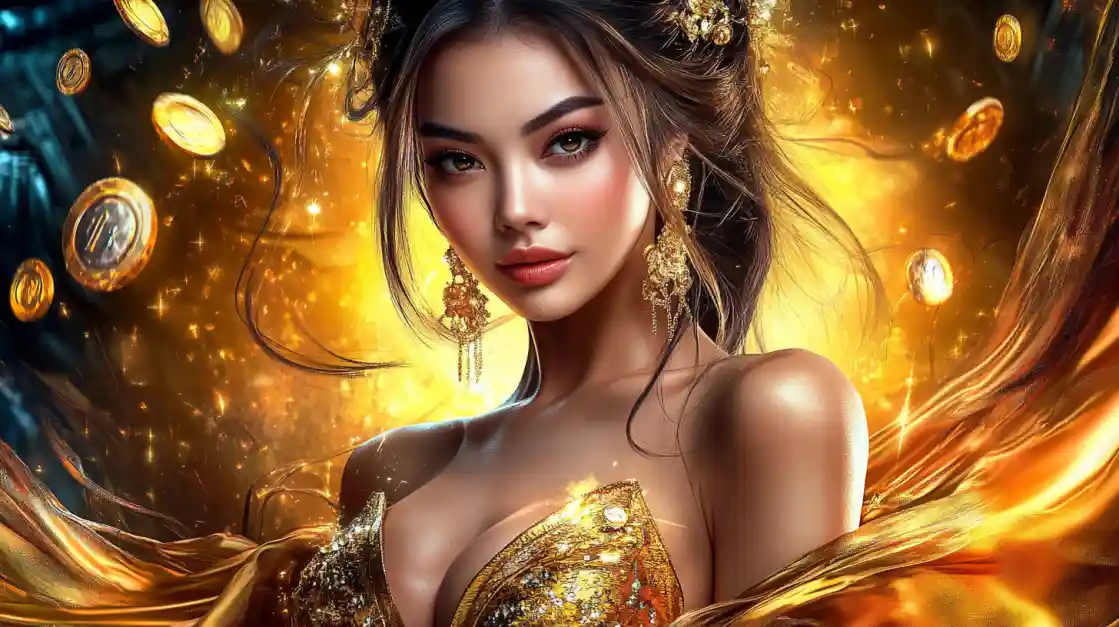 A beautiful woman with green eyes holds a smartphone showing the login screen for a BD222 slot game, set against a magical green background with floating coins