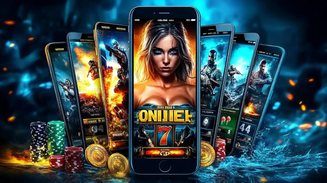 A variety of smartphones showcase the diverse collection of action-packed slot games available at the BD222 online casino, with a central focus on a powerful female character