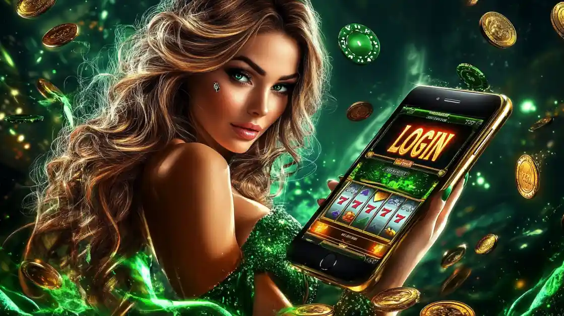 A woman presents the BD222 casino app on her phone, which shows a classic diamond and 7s slot game, with a dynamic background of fire, ice, and gold coins